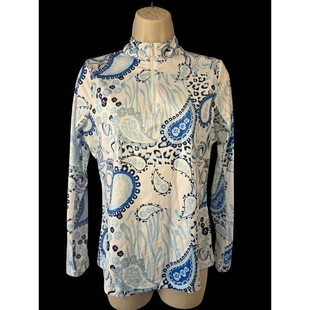 Gottex Sz XS Blue Paisley Rash Guard Sun Shirt Long Sleeve Zip Top Mesh Vent